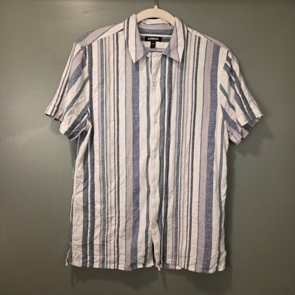 Express‎ Men's Linen & Cotton Striped Short Sleeve Button Up Size S Camp Collar
